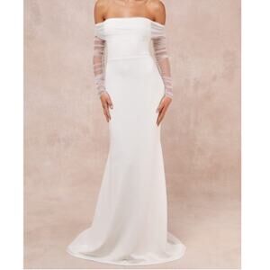 Lulus Bridal NWT Beautifully Beloved White Mesh Off-the-Shoulder Gown Maxi Dress
